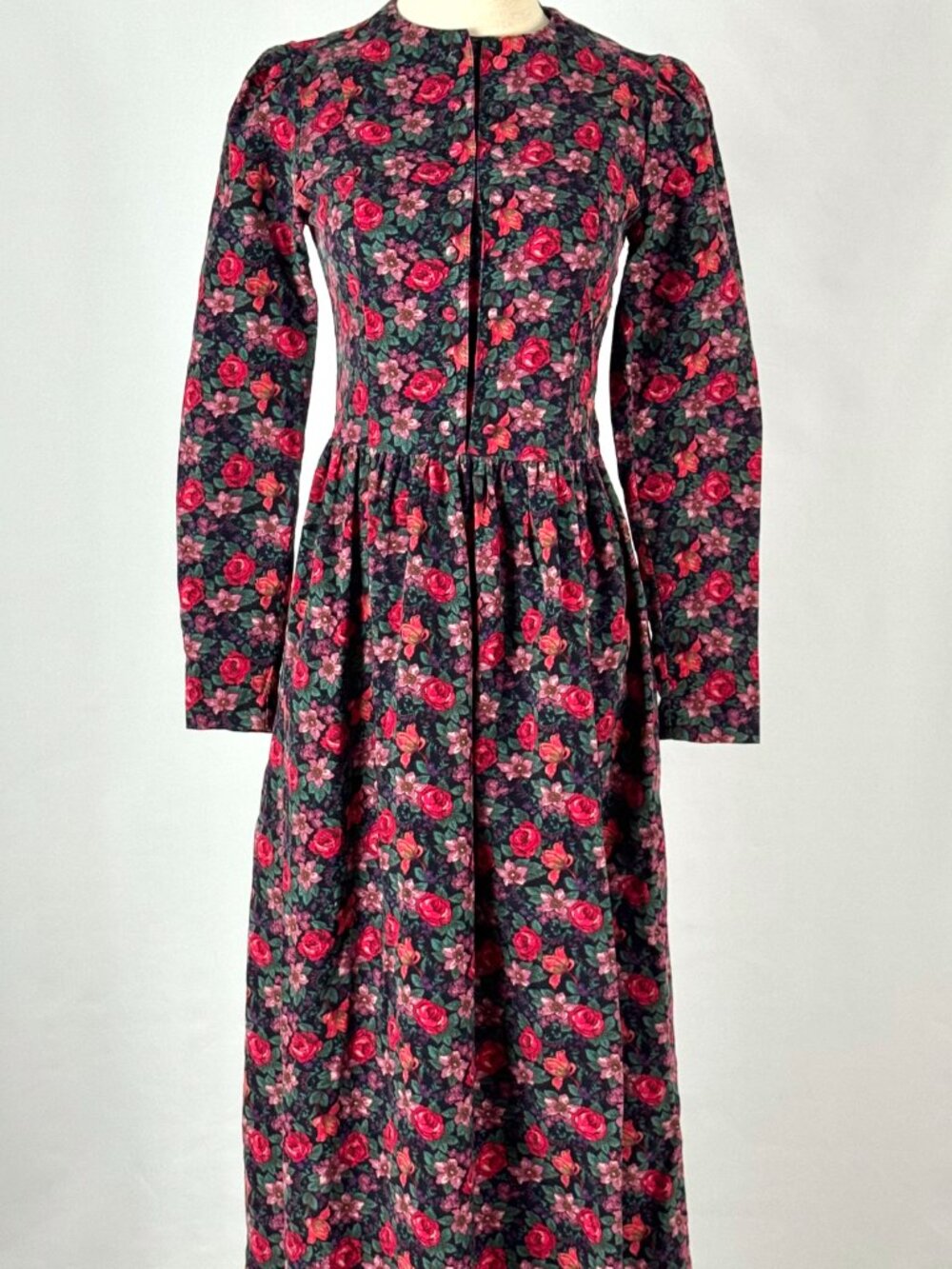 Vtg 90s Laura Ashley Floral Corduroy Button Front Dress Cottagecore Victorian - Picture 2 of 10